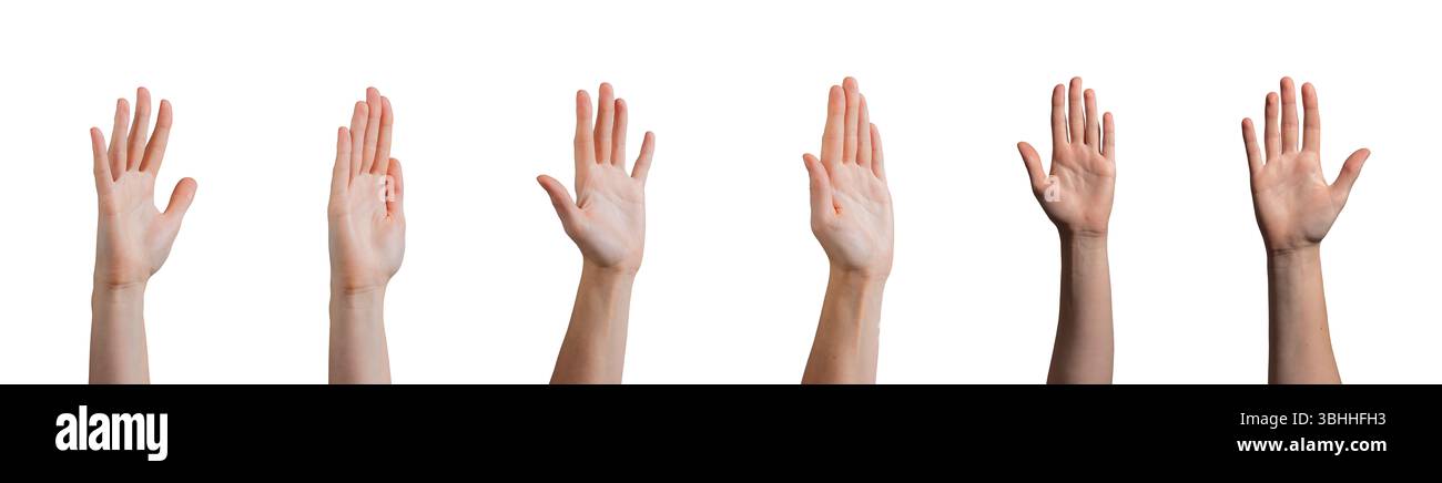 Main levée avec la paume ouverte, saluant ou signalant la participation, représentant la communication et la disponibilité. Peau douce et lisse et ongles propres dans un rela Banque D'Images