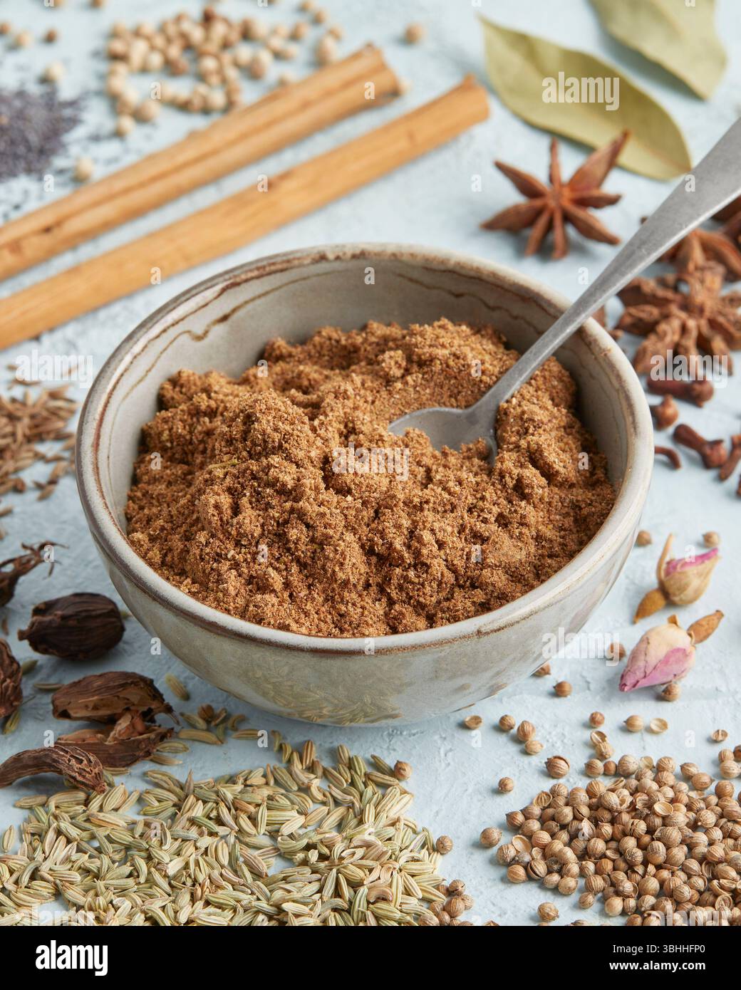 Garam masala dans un petit bol entouré d'épices entières comme l'anis étoilé, la cannelle et les clous de girofle - un mélange d'épices indiennes audacieux, parfait pour la nourriture et le chai Banque D'Images