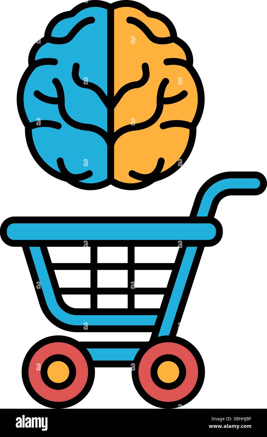 Un cerveau est affiché sur un panier. Le cerveau est divisé en deux moitiés, la moitié gauche étant bleue et la moitié droite orange. Le chariot est bl Illustration de Vecteur