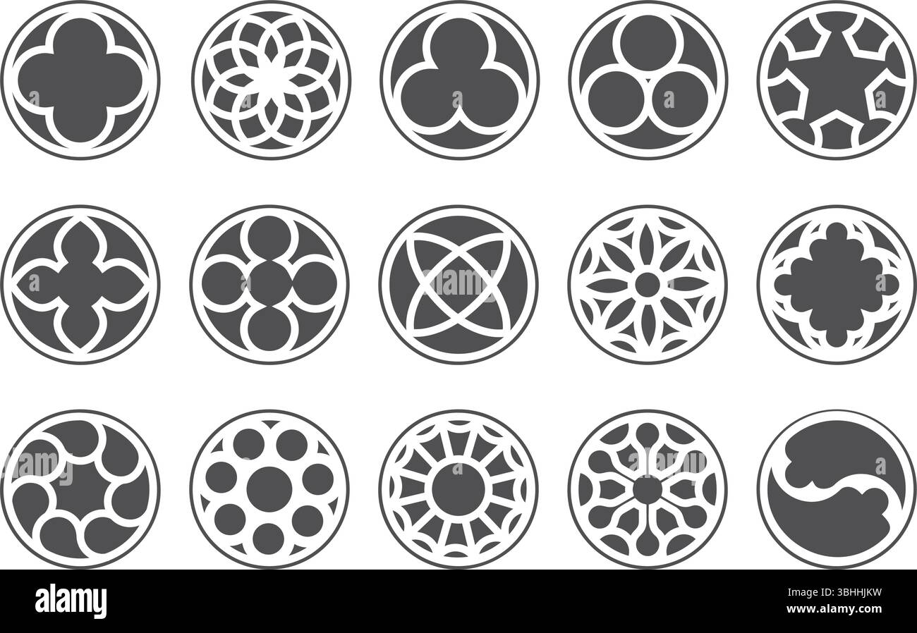 Rosace de cercle gothique avec ornement médiéval. Rosettes de cathédrale et de château sur fond blanc. Éléments d'architecture chrétienne avec teinture Illustration de Vecteur