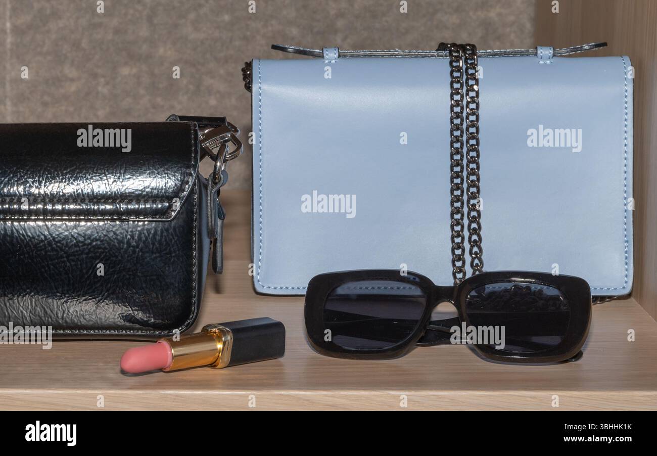 Un sac à main élégant, une paire de lunettes de soleil tendance et un rouge à lèvres éclatant sont élégamment présentés sur une jolie étagère Banque D'Images