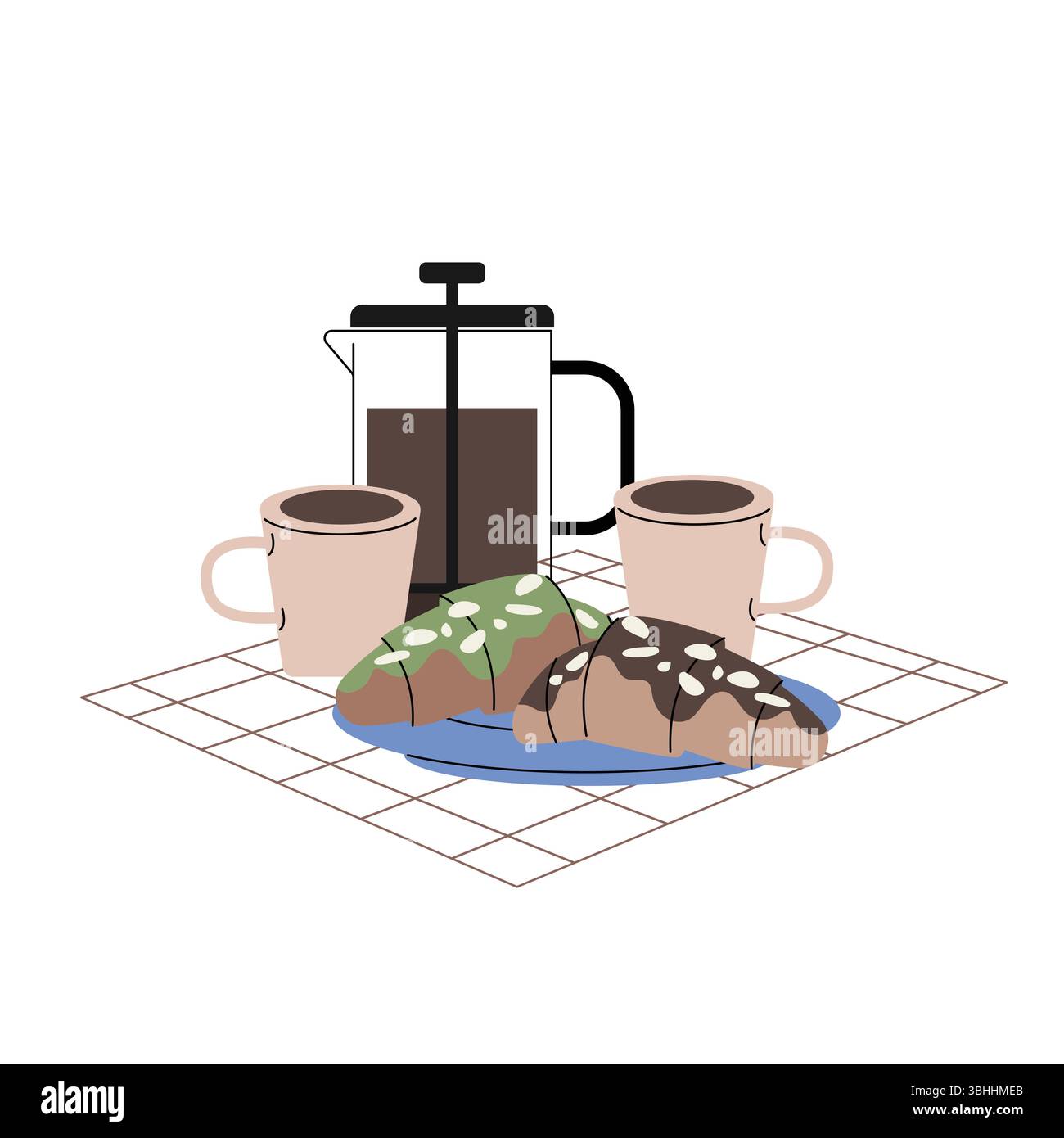 Illustration minimaliste du petit déjeuner avec deux tasses à café, une presse française et des croissants avec des garnitures vertes et chocolatées sur une assiette, placés sur un Illustration de Vecteur