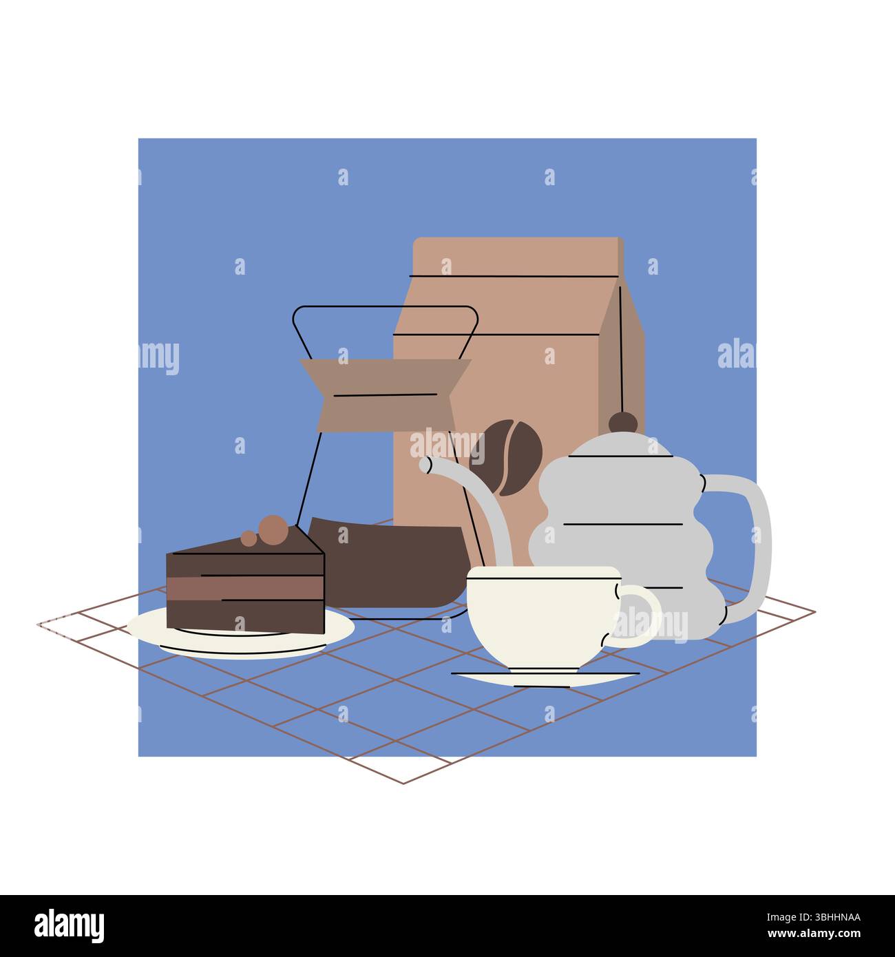 Scène de petit déjeuner de style plat avec une tranche de gâteau au chocolat, un dripper de café, une bouilloire, une tasse et soucoupe, et un sac de grains de café sur une table de grille Illustration de Vecteur