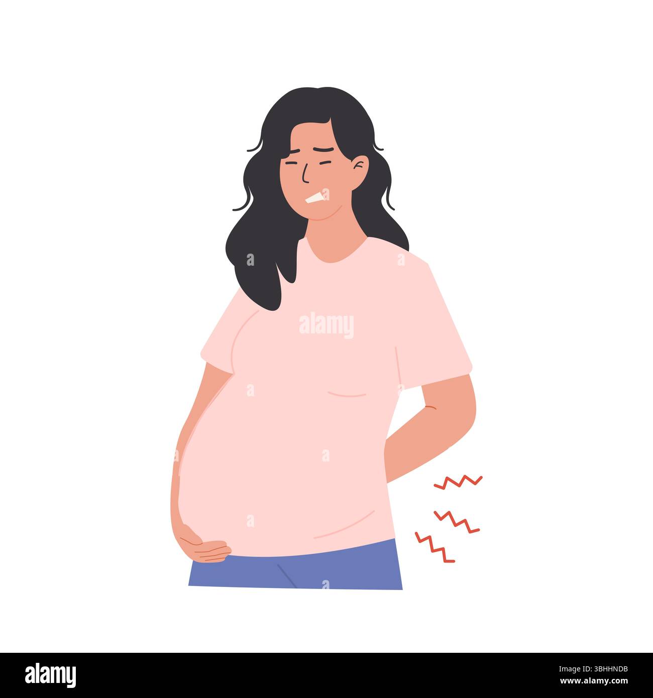 Femme enceinte éprouvant des maux de dos et retenant le bas du dos avec de l'inconfort. Les contraintes corporelles prénatales au cours du troisième trimestre. Vecteur de style plat Illustration de Vecteur