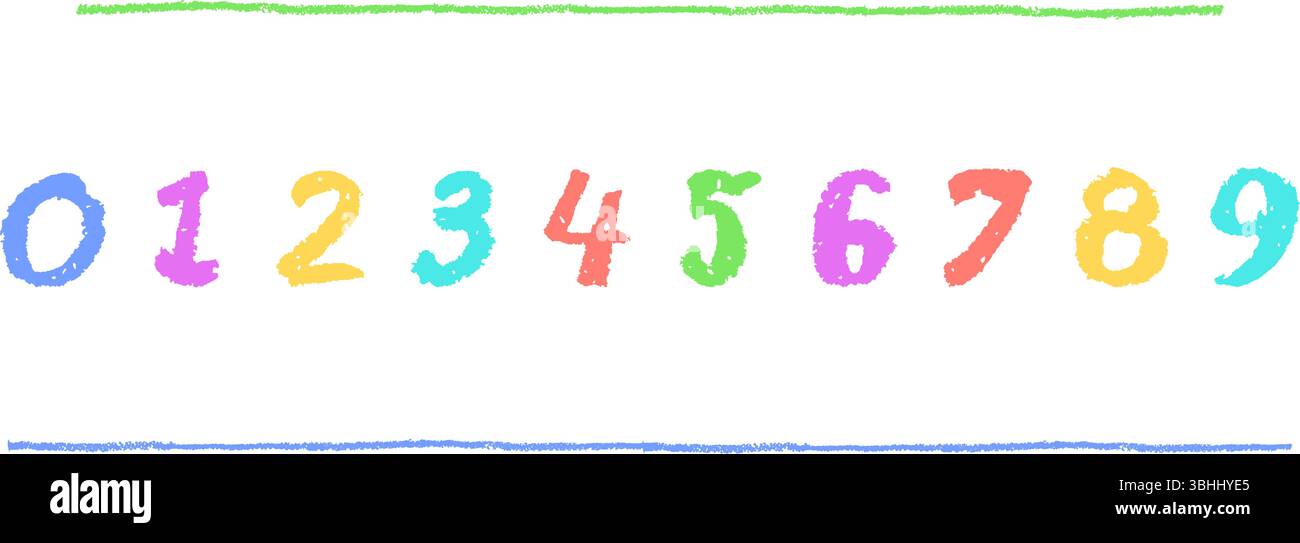 Numéros colorés 0-9, dessinés à la main dans un crayon de cire ou un style pastel. Effet de surligneur sur un tableau pour le dessin de maternelle, le matériel d'apprentissage et Illustration de Vecteur