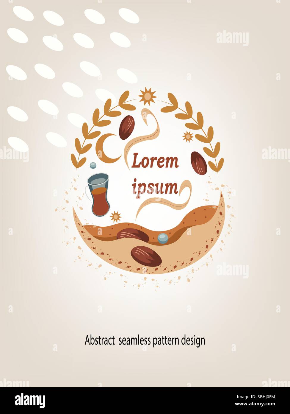 Motif transparent minimal d'icônes alimentaires halal avec croissant et touche arabe pour couverture de magazine, médias sociaux, merchandising. Illustration de Vecteur