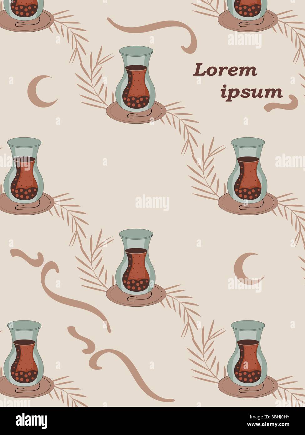 Motif transparent minimal d'icônes alimentaires halal avec croissant et touche arabe pour couverture de magazine, médias sociaux, merchandising. Illustration de Vecteur
