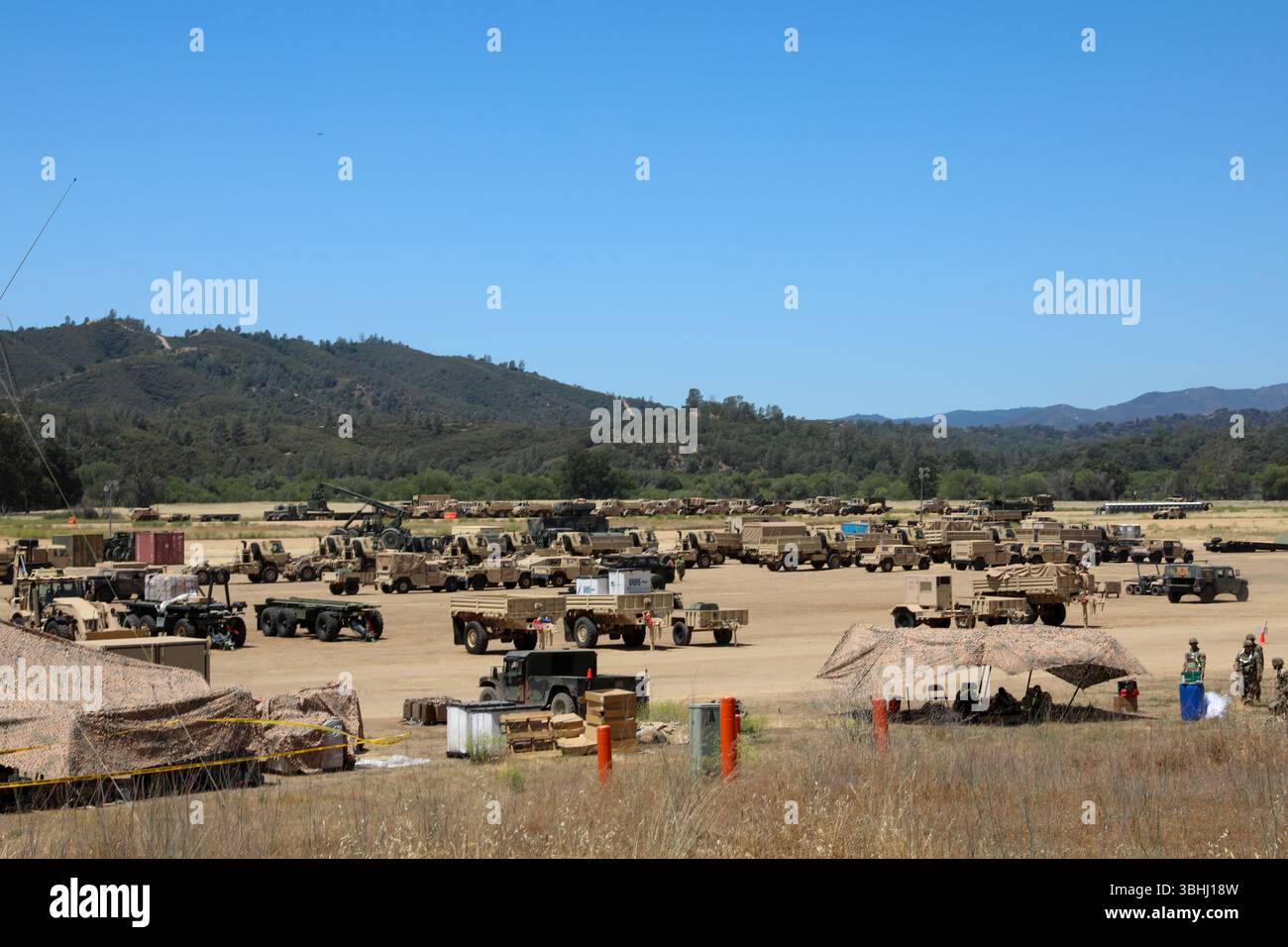 Les soldats de l'armée américaine de la 800e compagnie de police militaire, de la 308e compagnie de police militaire et de la 127e compagnie de police militaire sont établis au Schoonover Field à Fort Hunter Liggett pour Mojave Falcon, le 31 mai 2025. Des soldats de la 800e compagnie de police militaire, de la 308e compagnie de police militaire, du 127e bataillon de police militaire et du 311e commandement expéditionnaire de soutien collaborent à l’appui du Mojave Falcon, un exercice de la réserve de l’Armée de terre qui teste la disponibilité opérationnelle et les capacités de soutien de l’unité sur un champ de bataille d’un océan à l’autre dans un environnement d’opérations de combat à grande échelle (LSCO). T Banque D'Images
