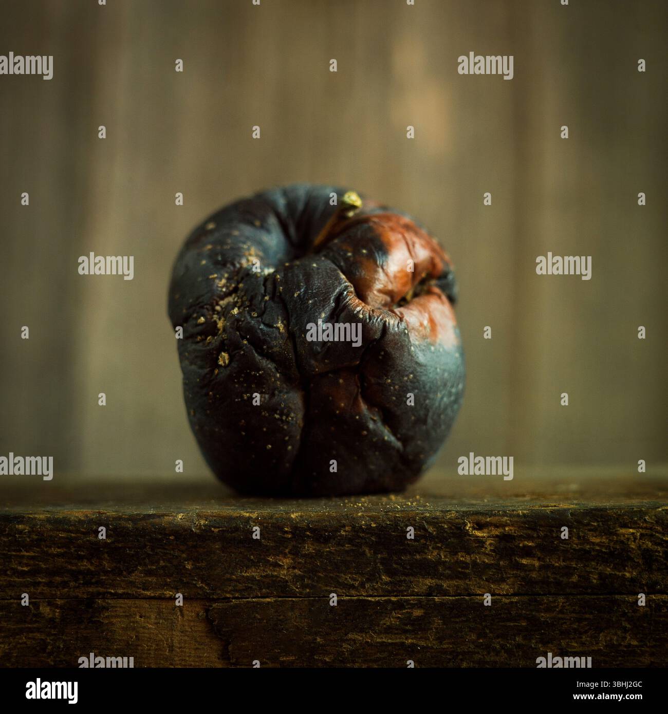 Une pomme ridée et trop mûre repose sur une surface en bois rustique, mettant en valeur un mélange de couleurs profondes et de textures. Banque D'Images