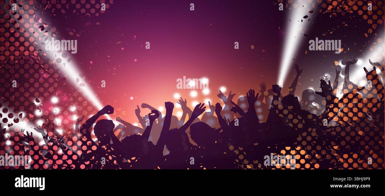 affiche de concert de musique de la foule s'amusant et dansant à la fête. bannière de concert lumineuse Banque D'Images