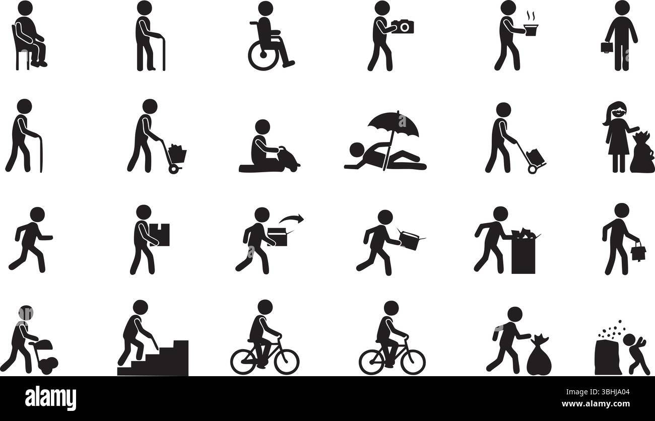 Une collection diversifiée de figures de bâton représentant diverses activités et situations de vie Illustration de Vecteur