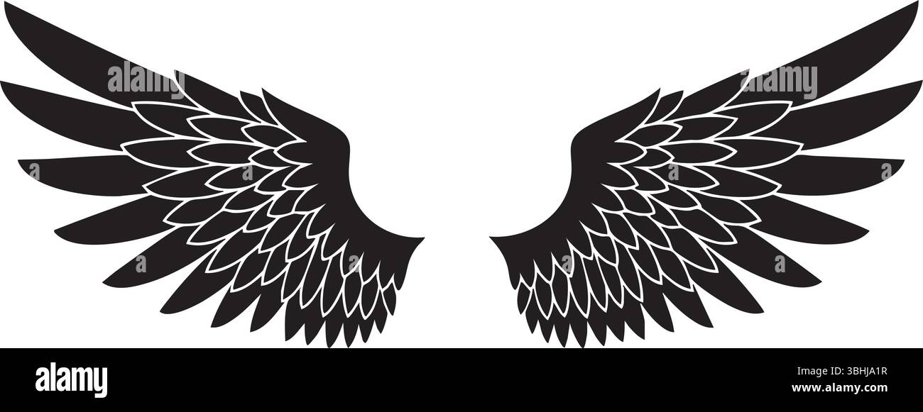 Une paire d'ailes noires majestueuses avec des détails de plume complexes, symbolique de la liberté et de la puissance Illustration de Vecteur