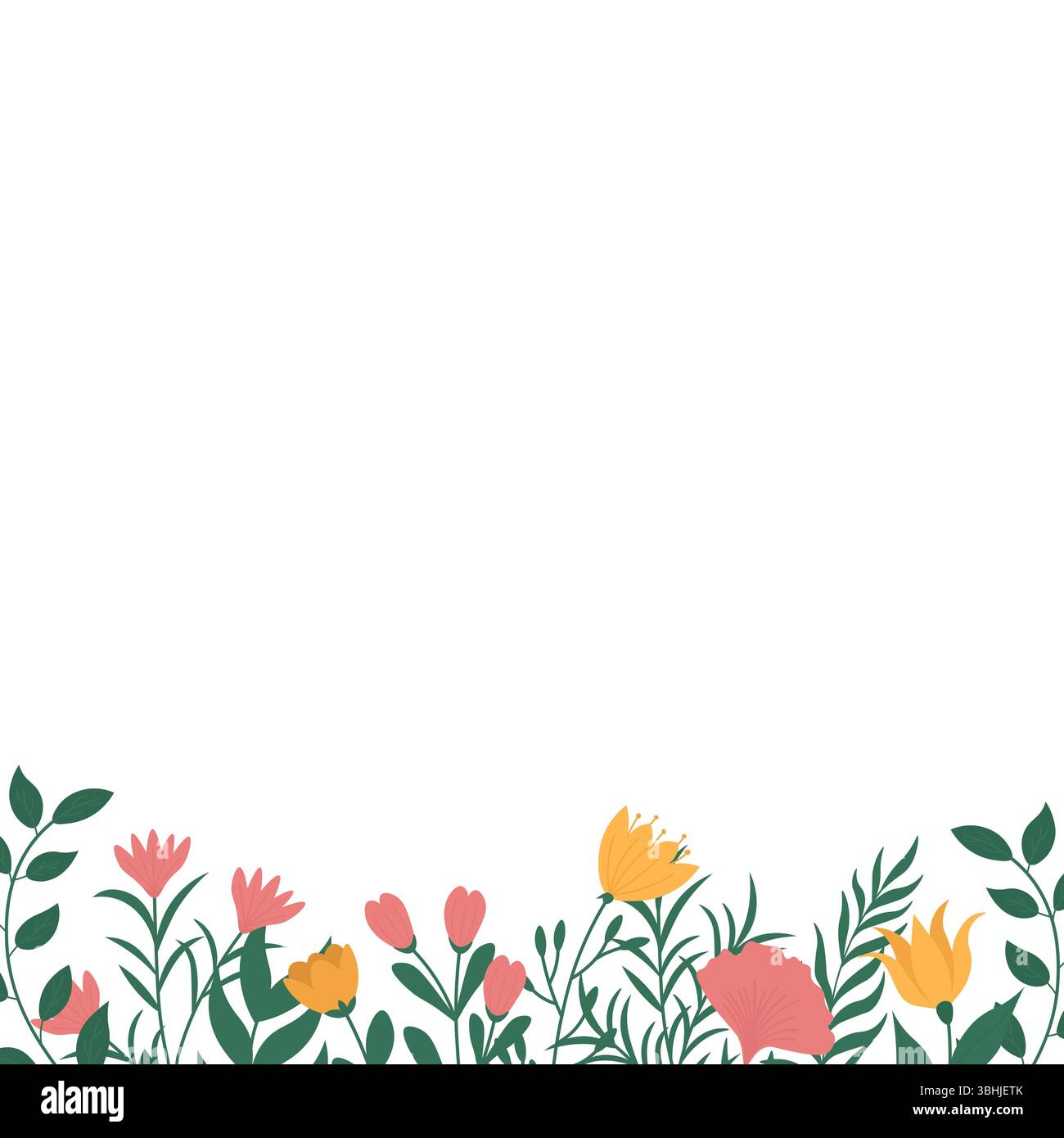 Une rangée de fleurs sauvages roses et jaunes et de feuillage crée un cadre épuré parfait pour les designs printaniers et estivaux Illustration de Vecteur