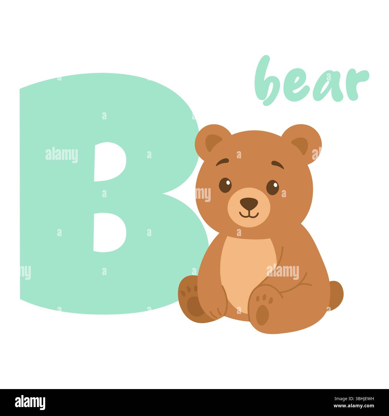 Un ours brun sympathique est assis à côté d'une lettre b vert menthe créant une scène ludique d'apprentissage de l'alphabet dans des couleurs pastel douces Illustration de Vecteur