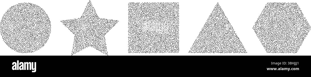 Formes géométriques pointillées. Ensemble vectoriel de cercle texturé de bruit granuleux, carré, triangle, étoile, élément de conception hexagonal Illustration de Vecteur