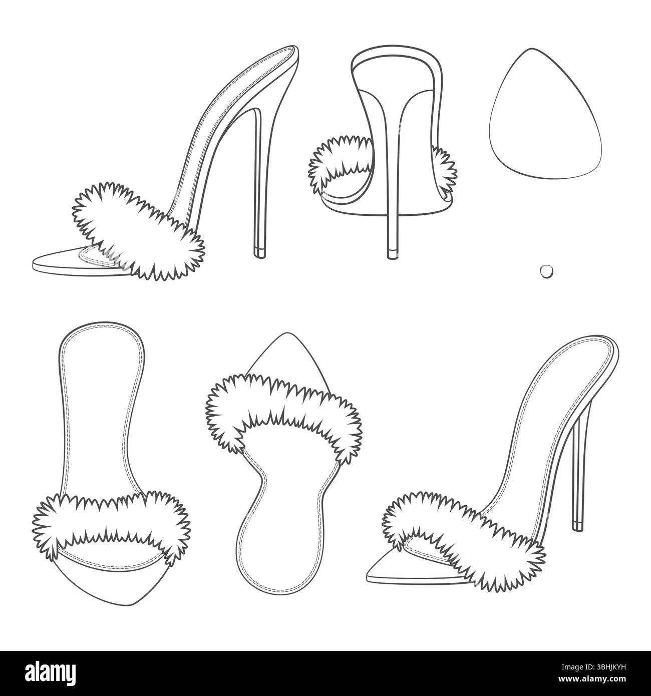 Ensemble d'illustrations en noir et blanc avec sabots, sandales à talons et fourrure. Objets vectoriels isolés sur fond blanc. Illustration de Vecteur