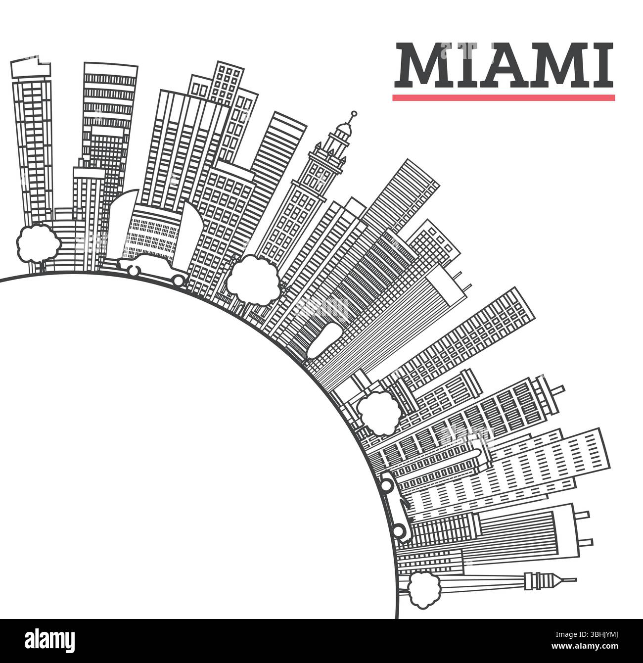 Aperçu Miami Florida City Skyline avec des bâtiments modernes et l'espace copie isolé sur blanc. Illustration vectorielle. Miami USA paysage urbain avec des monuments. Illustration de Vecteur