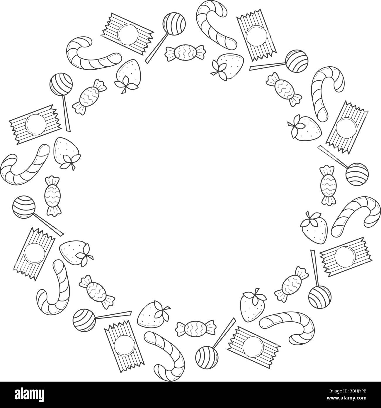 Délicieux bonbons cadre rond doodle style croquis. Illustration de Vecteur