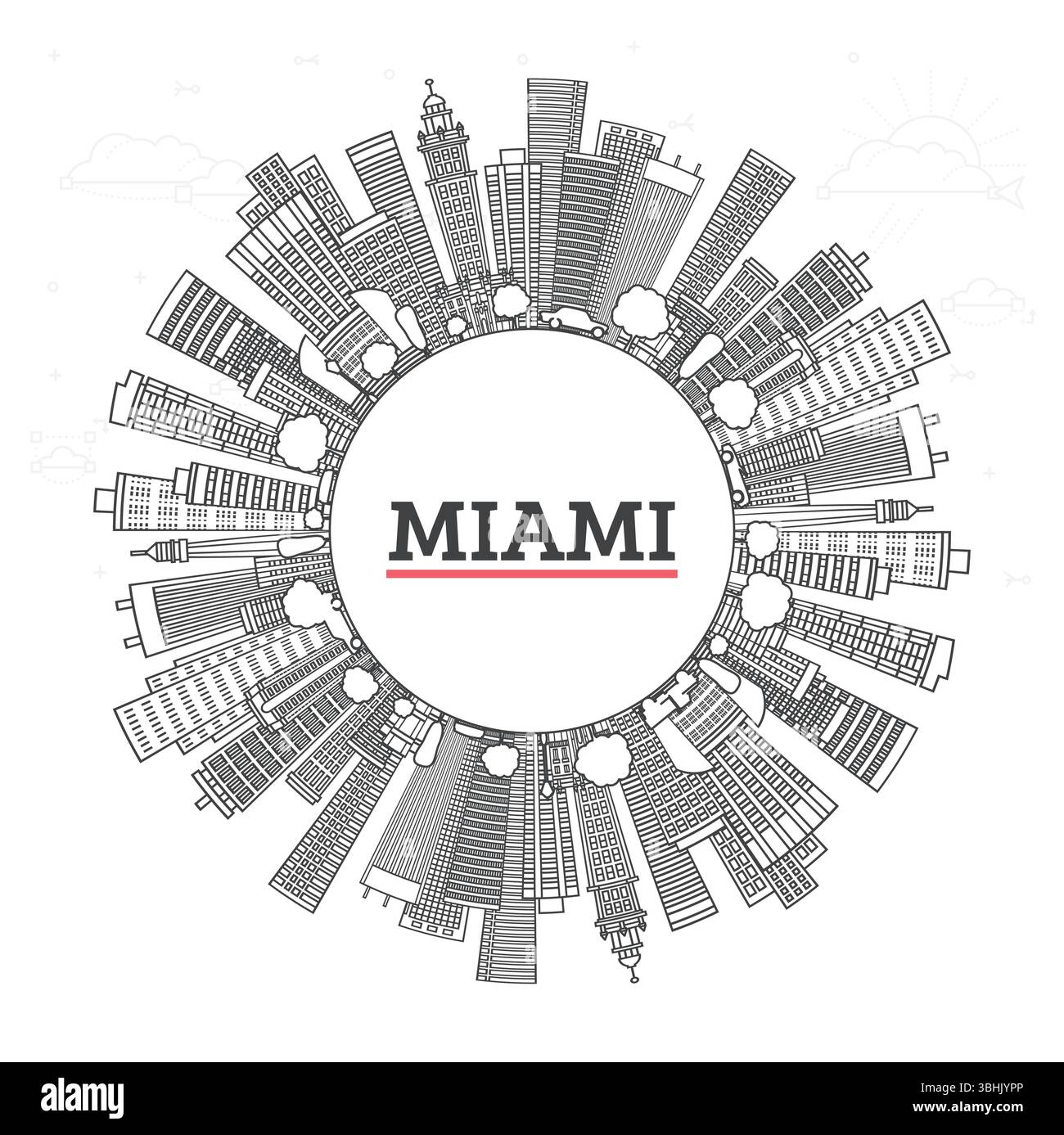 Aperçu Miami Florida City Skyline avec des bâtiments modernes et l'espace copie isolé sur blanc. Illustration vectorielle. Miami USA paysage urbain avec des monuments. Illustration de Vecteur