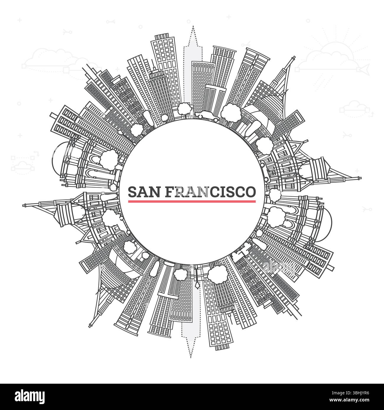 Esquissez San Francisco California City Skyline avec des bâtiments modernes et un espace de copie isolé sur blanc. Illustration vectorielle. San Francisco USA paysage urbain Illustration de Vecteur