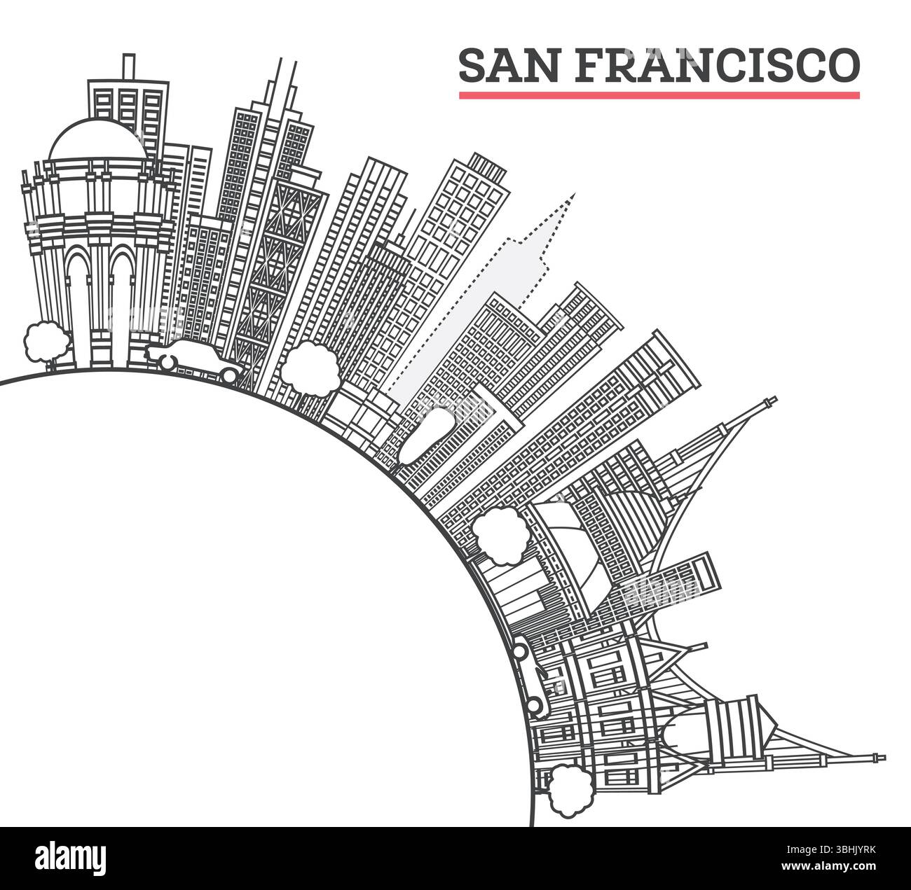 Esquissez San Francisco California City Skyline avec des bâtiments modernes et un espace de copie isolé sur blanc. Illustration vectorielle. San Francisco USA paysage urbain Illustration de Vecteur