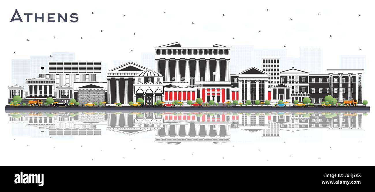 Athènes Grèce ville Skyline avec des bâtiments de couleur et des reflets isolés sur blanc. Illustration vectorielle. Voyage, concept touristique avec historique et mode Illustration de Vecteur