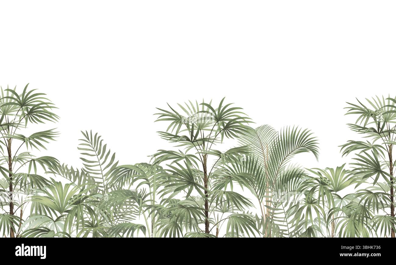 Décor tropical paisible : impression de bordure horizontale vert délavé de la forêt de palmiers Banque D'Images