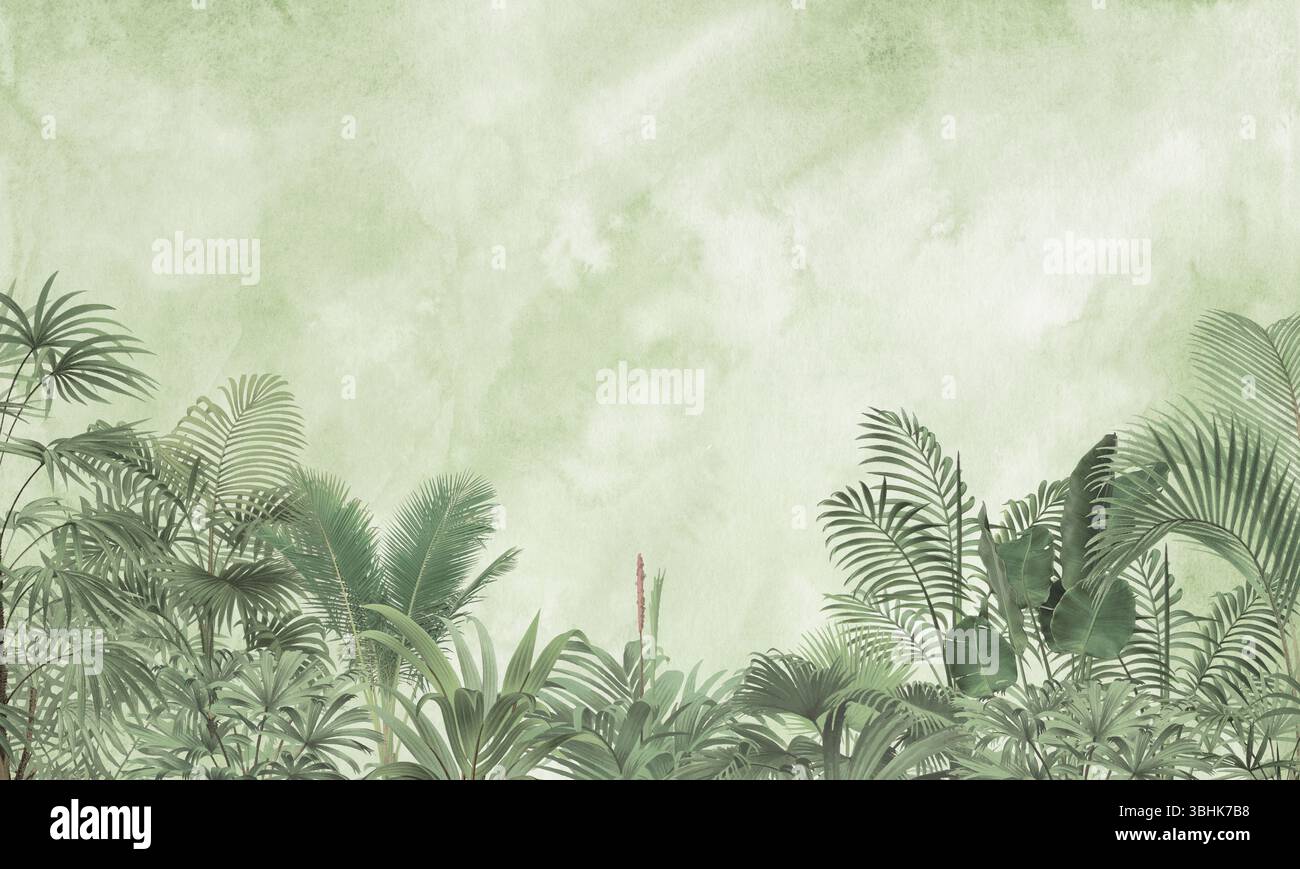 Décor paisible : plantes tropicales vert clair Seamless texture Art Banque D'Images