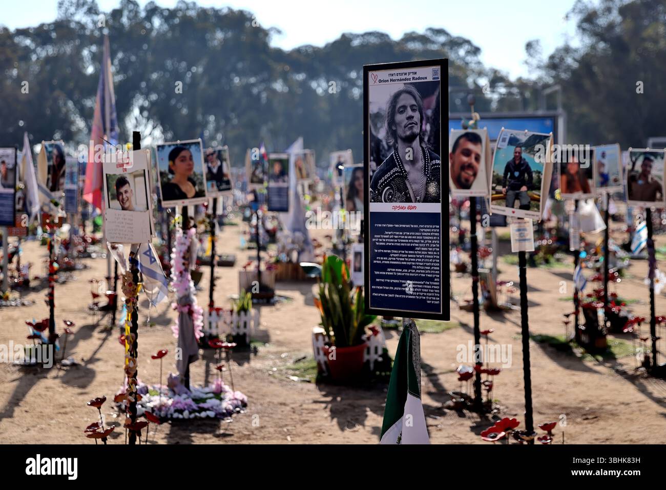 Un panneau commémoratif isolé portant le portrait et la biographie d'une victime s'élève au milieu des hommages de la forêt au site de Re'im Forest le 7 octobre, des coquelicots adoucis en bokeh Banque D'Images