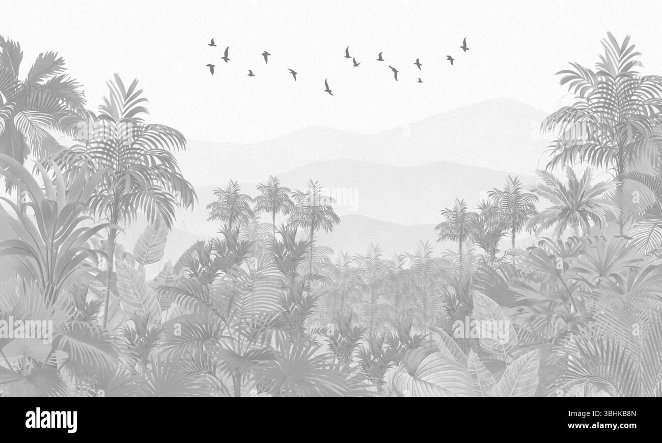 Décor tropical vieilli : forêt de palmiers à l'échelle de gris avec imprimé oiseaux Banque D'Images