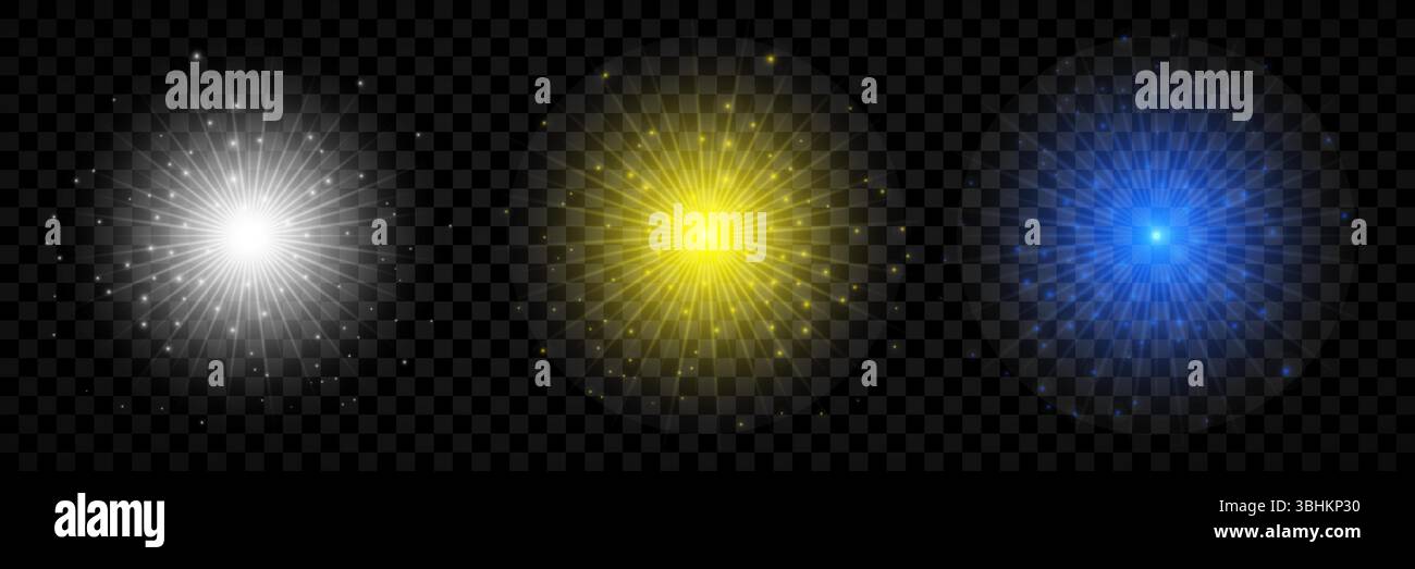 Effet lumineux des reflets de lentille. Ensemble de trois lumières brillantes blanches, jaunes et bleues effets Starburst avec des étincelles sur un fond transparent. Vecteur il Illustration de Vecteur