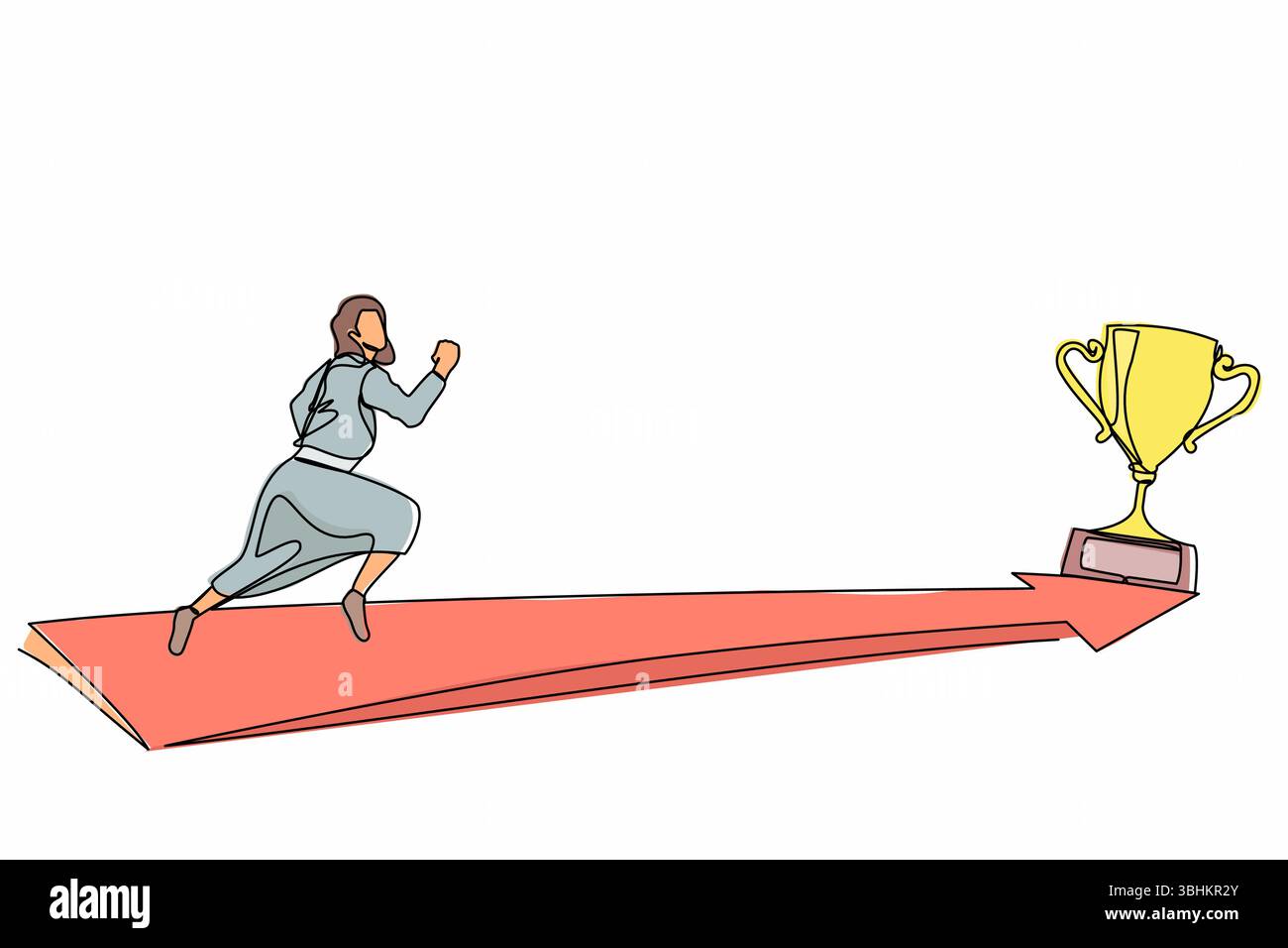 Une seule ligne continue dessinant de vue latérale femme d'affaires courant à trophée d'or. Concept de direction commerciale et vision de mission. Objectif, succès, développement Illustration de Vecteur