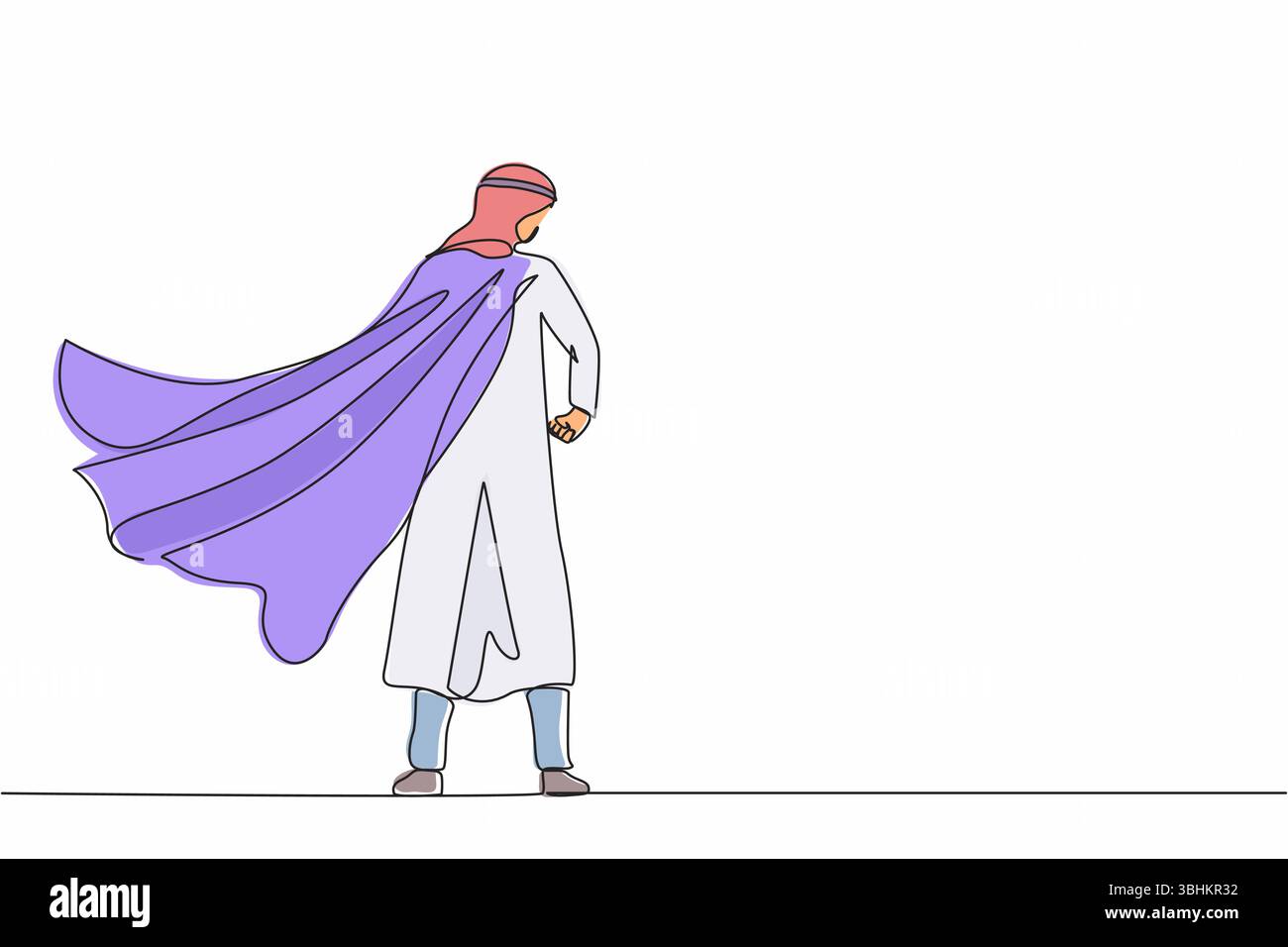 Ligne continue unique dessinant super-héros dans les flotters de manteau dans le vent. Se tient avec son dos. Héros d'homme d'affaires arabe prospère. Succès commercial, l Illustration de Vecteur