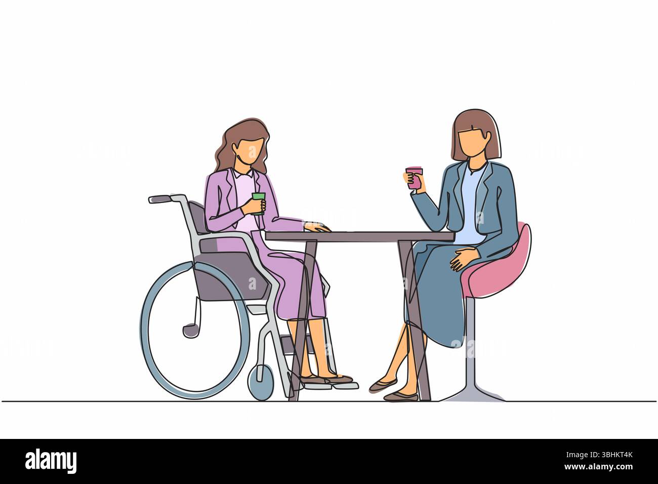 Ligne continue unique dessinant deux femmes d'affaires parlent à la réunion d'affaires. Les collègues ont une pause café. Une femme handicapée boit du café avec sa frite Illustration de Vecteur