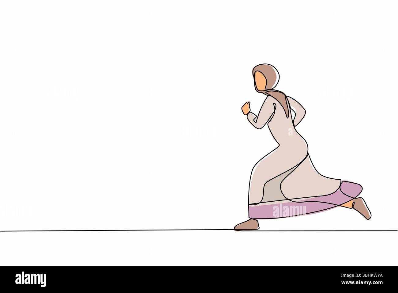 Ligne continue unique dessinant femme d'affaires arabe en cours d'exécution. Concept commercial. Joyeux ouvrier gestuel. Femme réussie dans le hijab courir pour le travail. pe d'entreprise Illustration de Vecteur