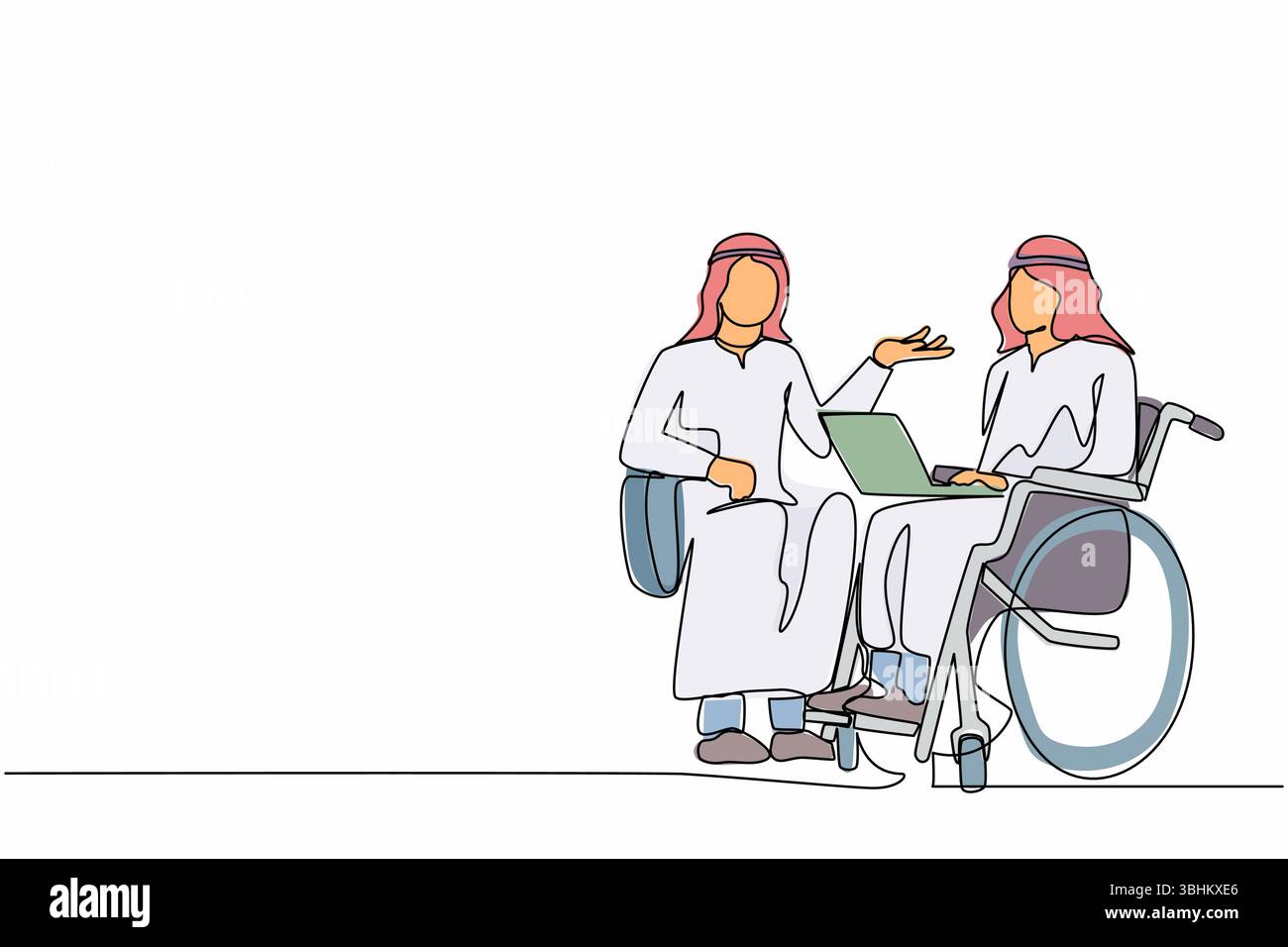 Une seule ligne dessinant les employés handicapés et l'inclusion travaillent ensemble. Homme arabe handicapé en fauteuil roulant avec un collègue assis communiquer en utilisant l Illustration de Vecteur