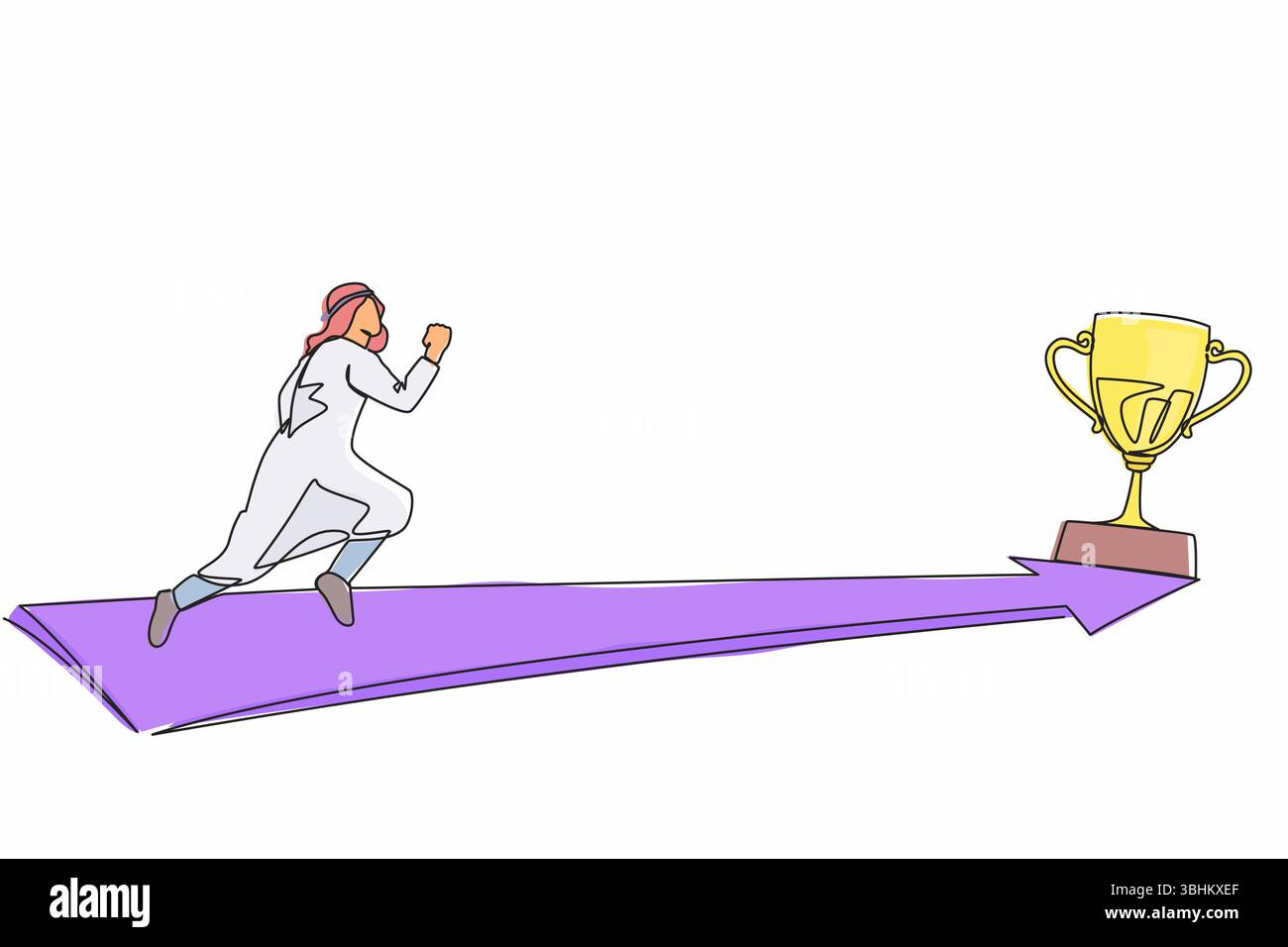 Continue d'une ligne dessinant homme d'affaires arabe courant à trophée d'or. Direction commerciale et vision de la mission. Objectif, succès, développement, victoire. S Illustration de Vecteur