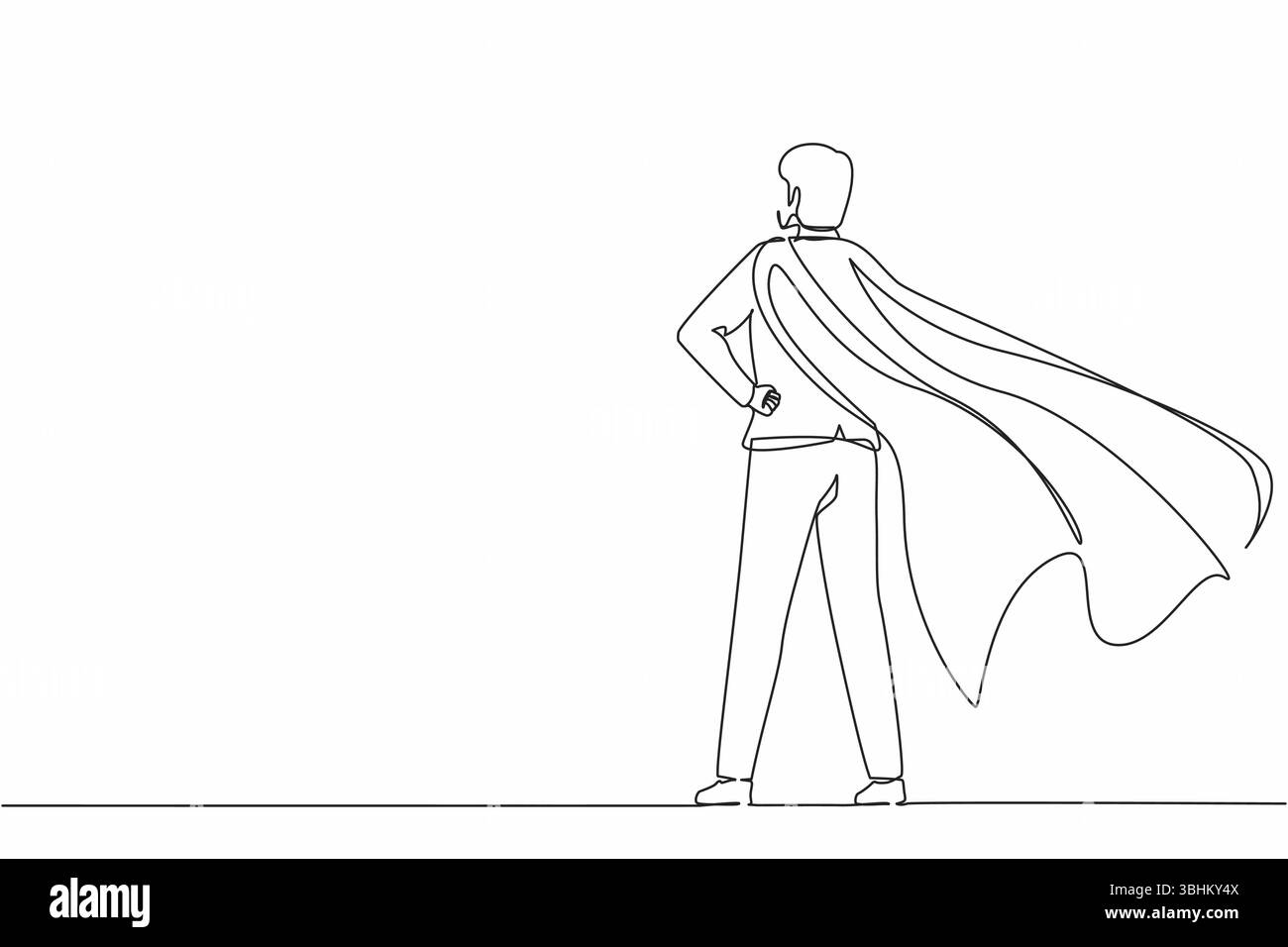 Continu d'une ligne dessinant arrière vue d'homme d'affaires confiant debout en costume et cape. Entrepreneur de super héros réussi. Leadership, réussite, an Illustration de Vecteur