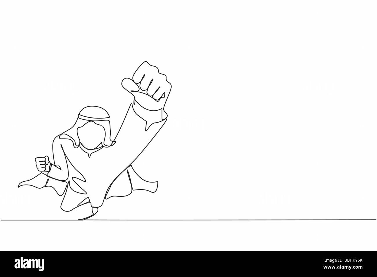 Simple une ligne dessinant superhéros homme d'affaires arabe portant une cape. Le chef du manager s'envole avec le poing tendu et le bras tendu. Super homme d'affaires voler f Illustration de Vecteur