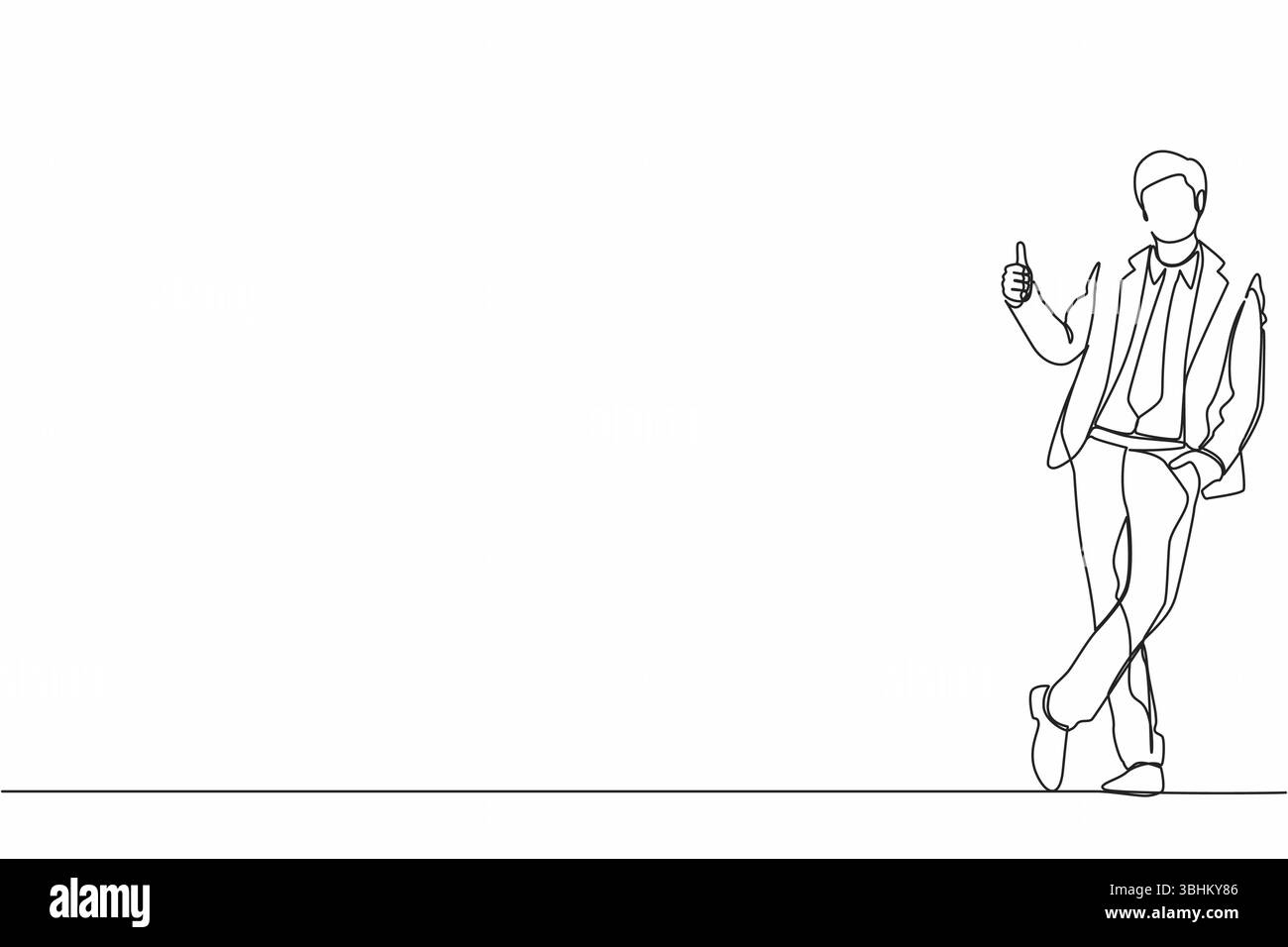 Continu d'une ligne dessinant l'homme d'affaires excité habillé en vêtements formels montrant les pouces vers le haut signe et s'appuyant contre le mur. Traitez, acceptez, approuvez Illustration de Vecteur