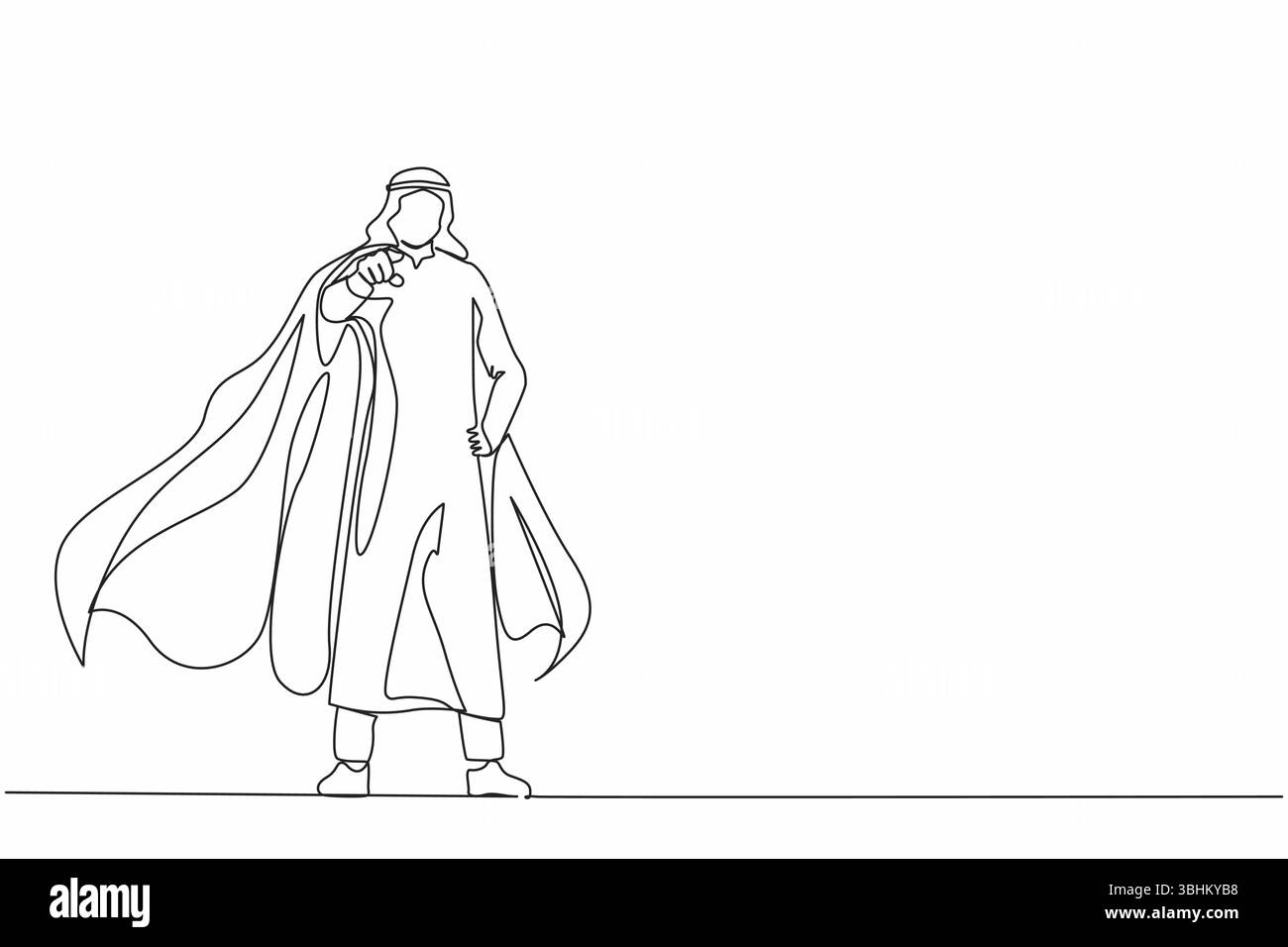 Simple une ligne dessinant le leadership homme d'affaires arabe en manteau de super-héros. Chef ou patron pointant des objectifs de direction, vise à définir le développement de la stratégie. C Illustration de Vecteur