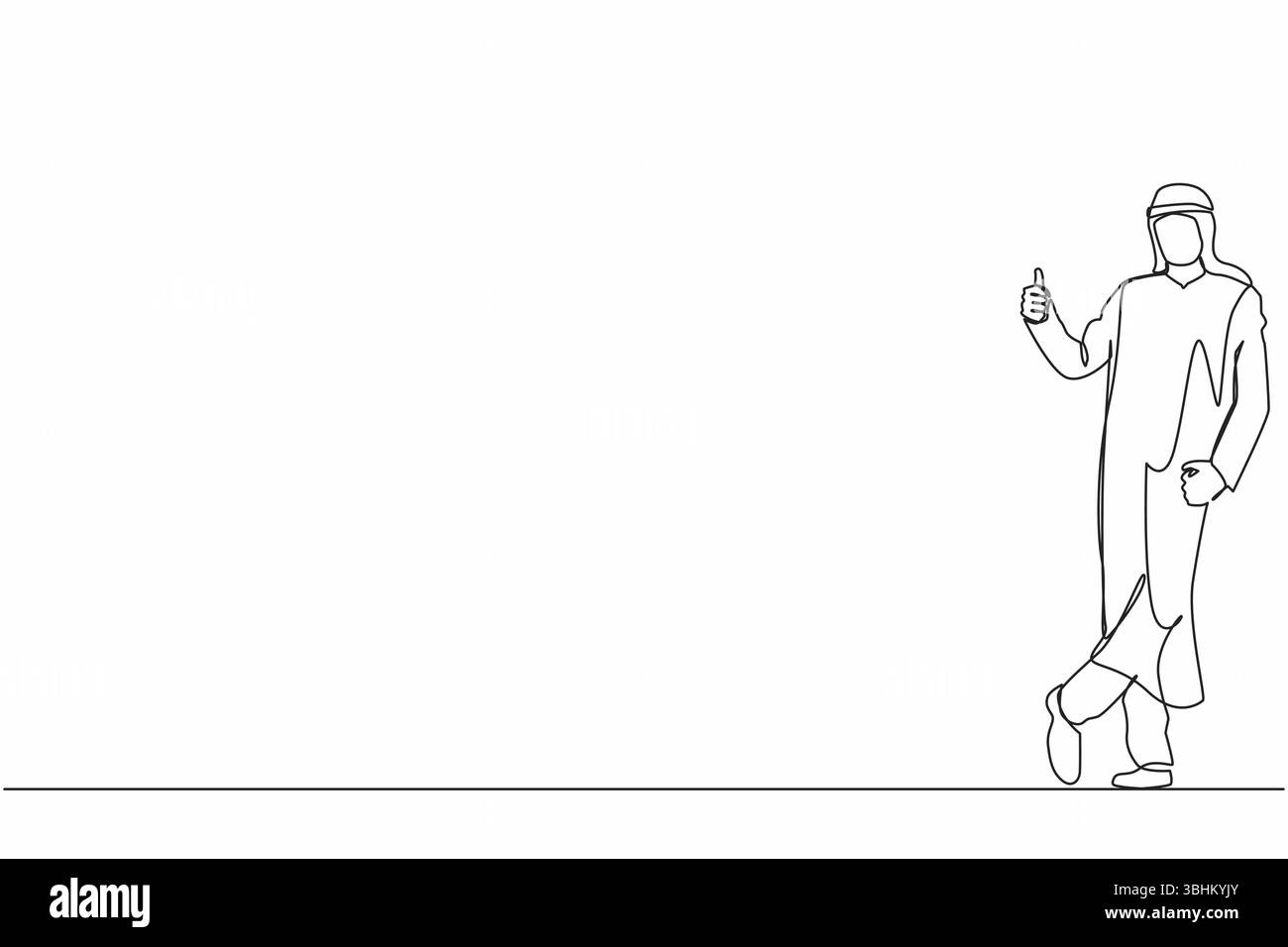 Simple ligne continue dessinant excité homme d'affaires arabe habillé en vêtements formels montrant le signe pouces vers le haut et appuyé contre le mur. Deal, genre, Agre Illustration de Vecteur