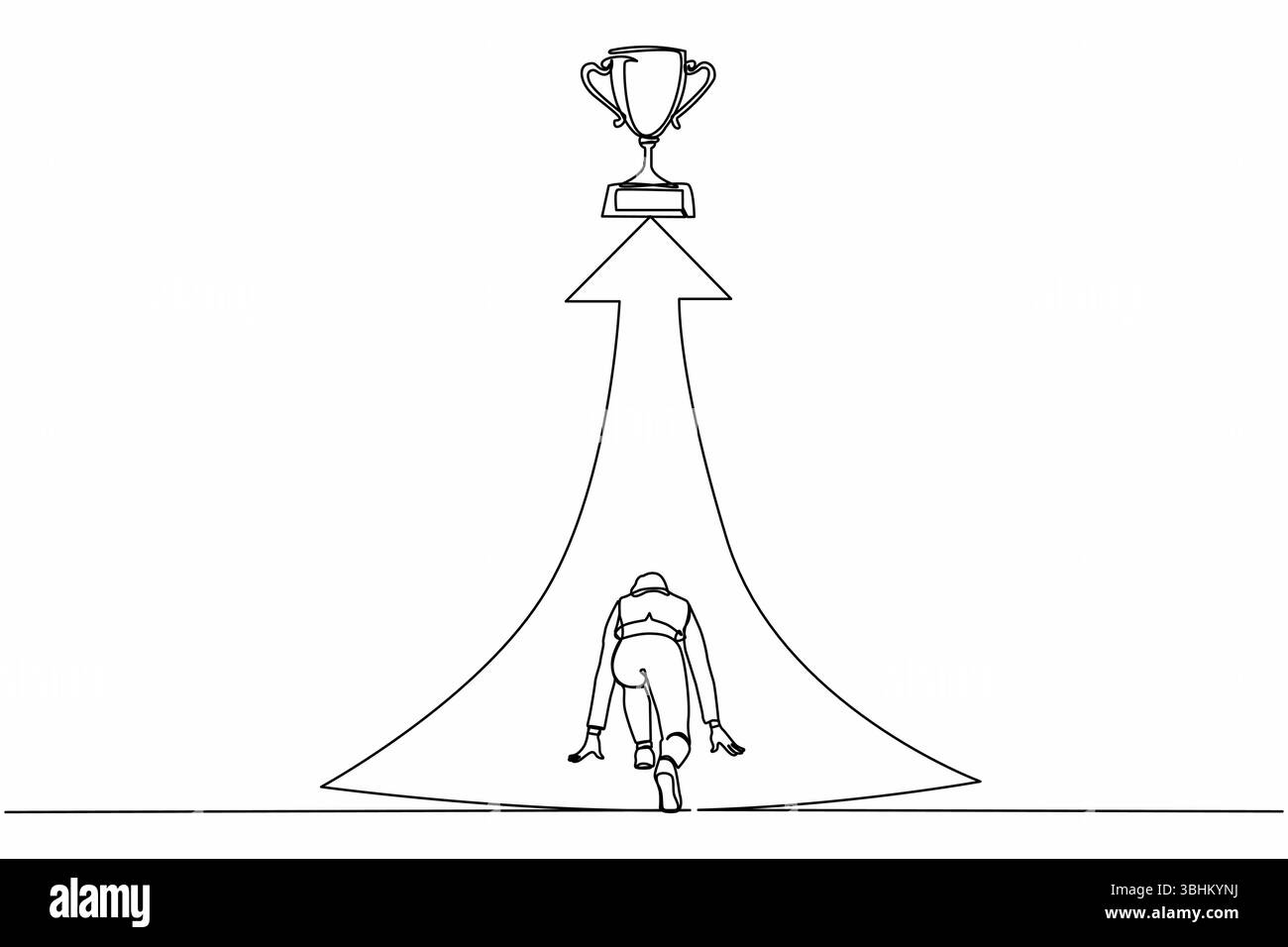 Continue d'une ligne dessinant arrière vue femme d'affaires prête à courir à trophée à la fin de la route. Vision mission et objectif de l'entreprise. Les femmes courent à leur g Illustration de Vecteur