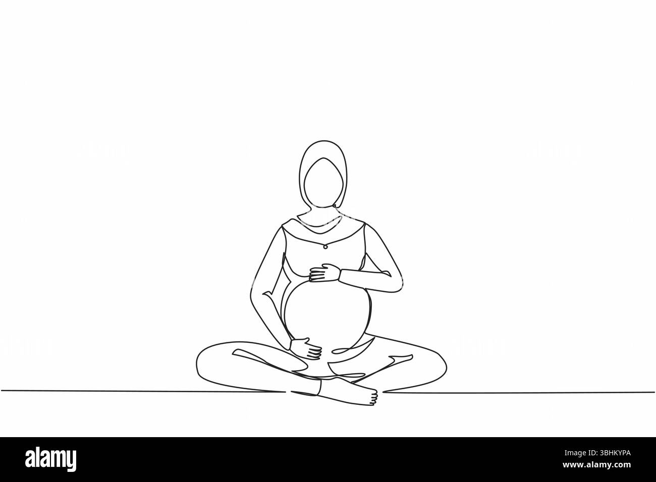 Continue d'une ligne dessinant une femme enceinte arabe heureuse assise avec les jambes croisées à la maison et regardant son ventre. Future maman attendant bébé caressant Illustration de Vecteur