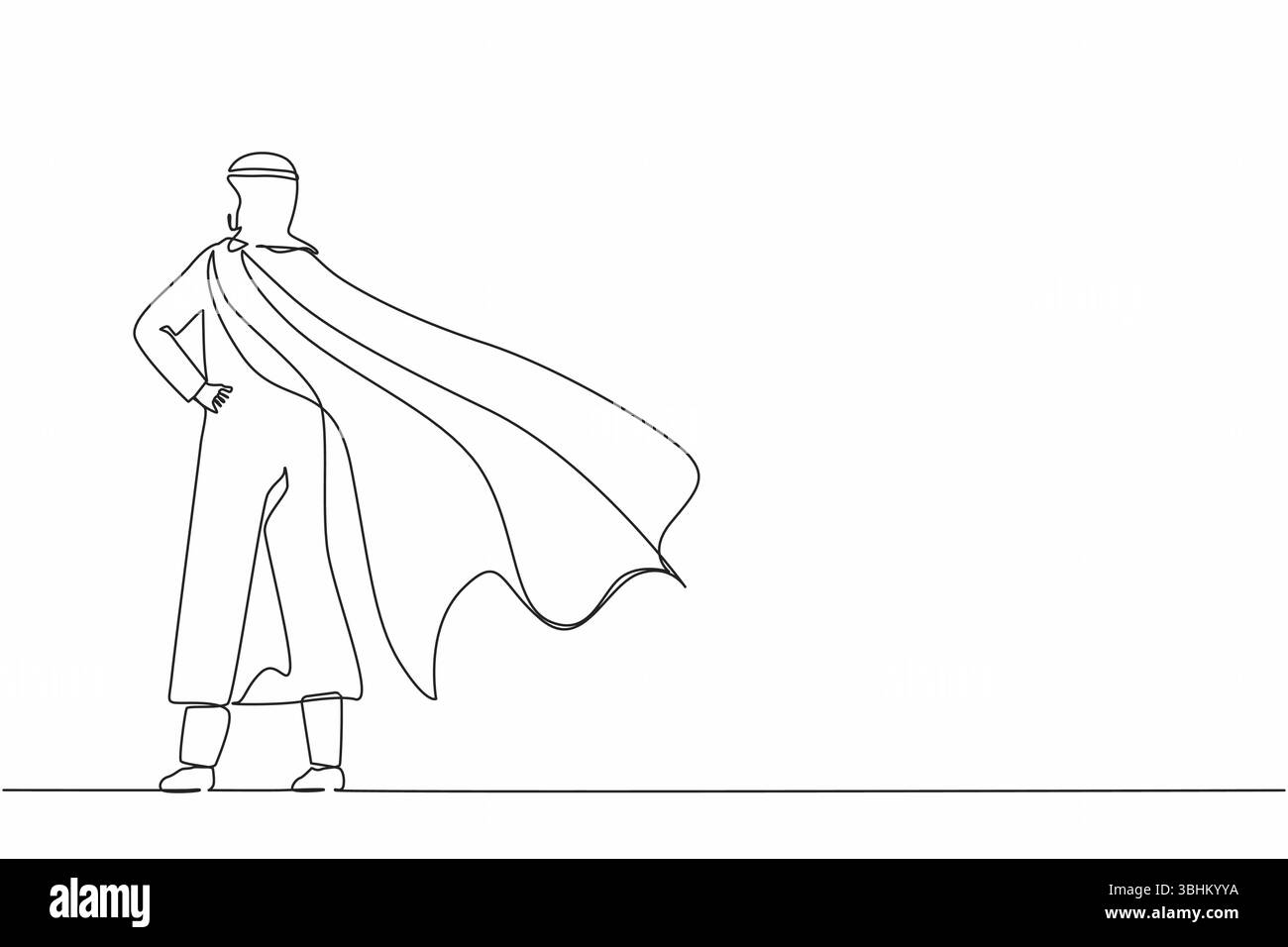 Continu d'une ligne dessinant arrière vue d'homme d'affaires arabe confiant debout avec cape. Entrepreneur de super héros réussi. Leadership, réalisation, a Illustration de Vecteur