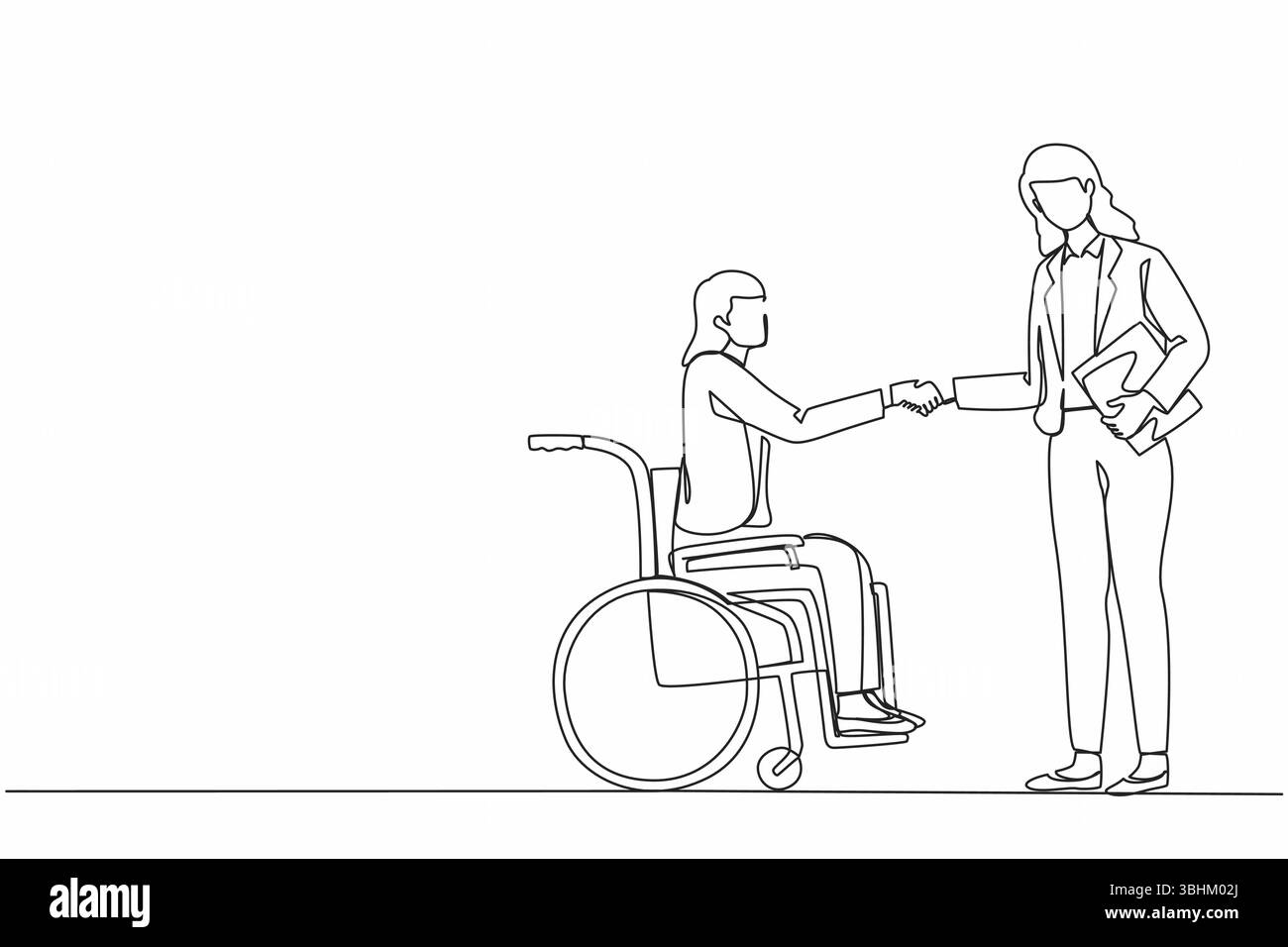 Ligne continue unique dessinant une femme d'affaires handicapée en fauteuil roulant serrant la main avec un partenaire commercial ou un patron. Dialogue manager handicapé avec Busi Illustration de Vecteur