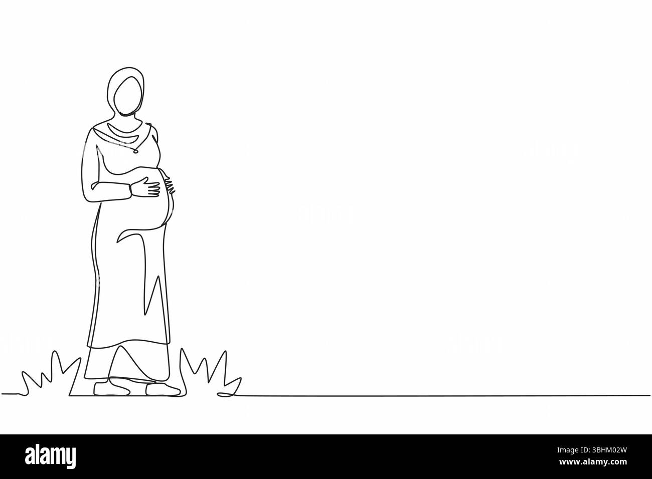 Une seule ligne continue dessinant une femme enceinte arabe heureuse tient son ventre. Type de ressources de grossesse. Personnage féminin enceinte actif bien ajusté. Ha Illustration de Vecteur