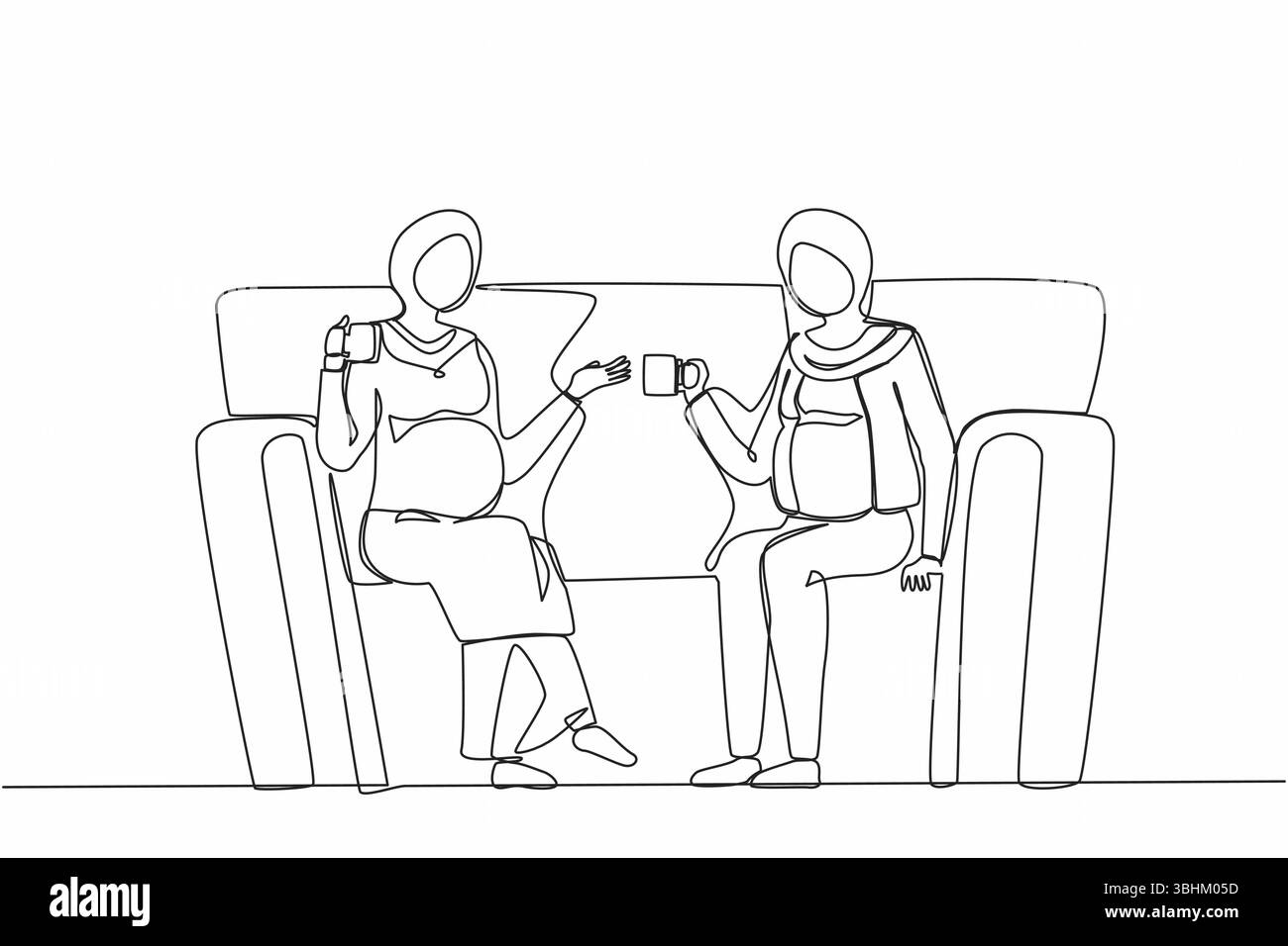 Une seule ligne continue dessinant deux filles enceintes arabes sont assises sur le canapé. Ils boivent du thé, parlent, partagent des secrets. Amis, voisins. Soirée confortable w Illustration de Vecteur