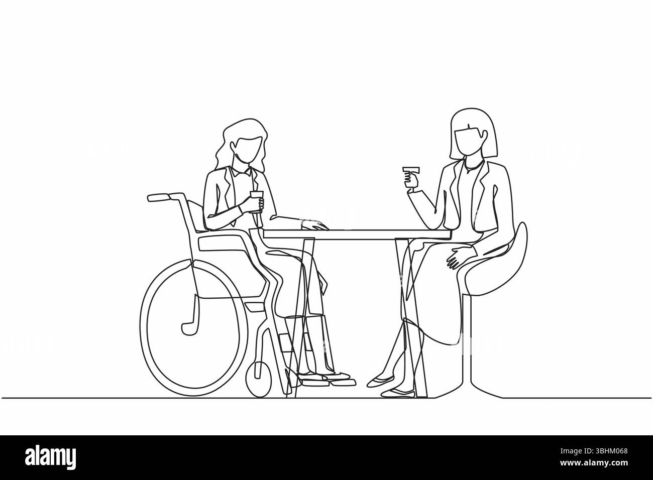 Ligne continue unique dessinant deux femmes d'affaires parlent à la réunion d'affaires. Les collègues ont une pause café. Une femme handicapée boit du café avec sa frite Illustration de Vecteur