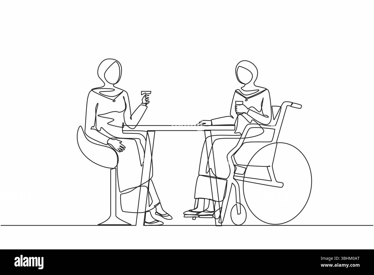 Une seule ligne continue dessinant deux femmes d'affaires arabes parlent à la réunion d'affaires. Les collègues ont une pause café. Un homme handicapé boit du café avec lui Illustration de Vecteur